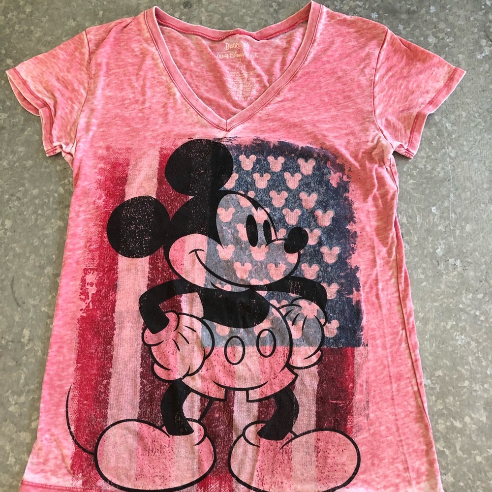 Disney’s Mickey on a v-neck tee shirt. Faded distressed Red. SZ L